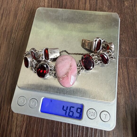 Vintage Pink Opal & Garnet Red Glass Sterling Silver Bracelet 6.5” 925 AP, 47g - Picture 15 of 16